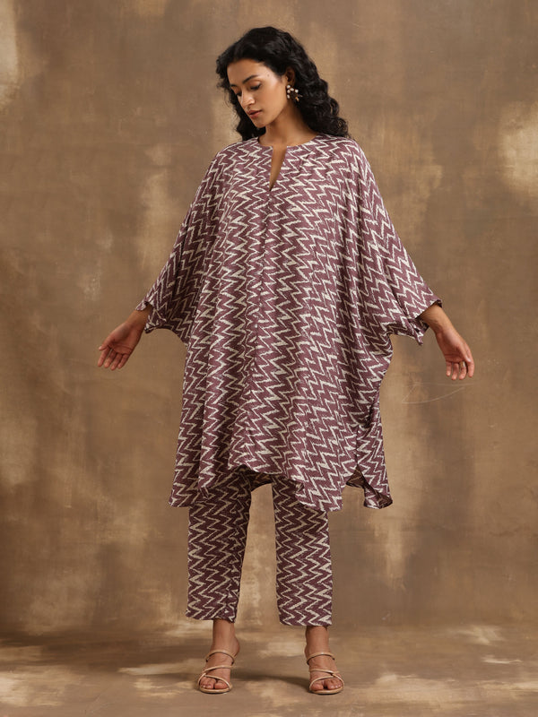 trueBrowns Dark Mauve Zig Zag Printed Silk Kaftan Co-Ord Set - Distacart