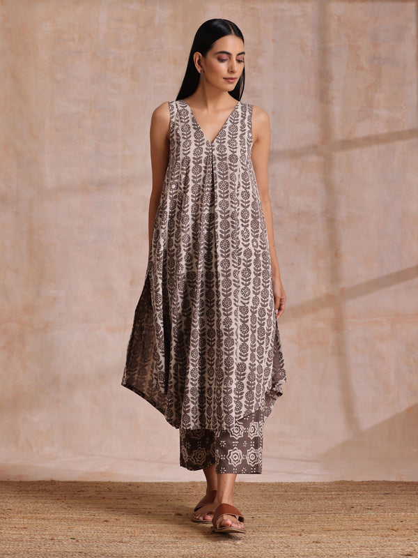 trueBrowns Clay Dabu Buta Print Cotton Sleeveless Flared Kurta Pant Set - Distacart