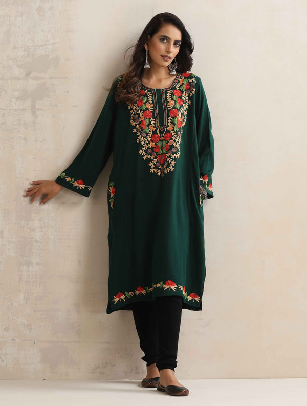 trueBrowns Green Kashmiri Floral Embroidered Woollen Phiran Kurta - Distacart