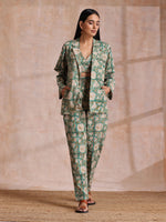 Thumbnail for trueBrowns Fern Green Overall Floral Block Print Cotton Pant Suit Set - Distacart