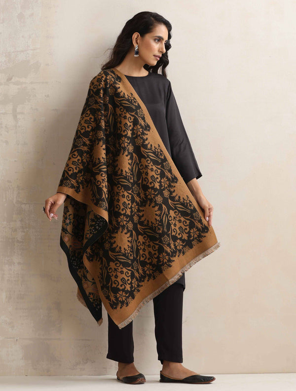 trueBrowns Brown Floral Reversible Woollen Stole - Distacart