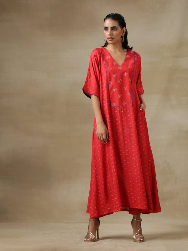 trueBrowns Red Bandhani Printed Silk Long Kurta Pant Set - Distacart