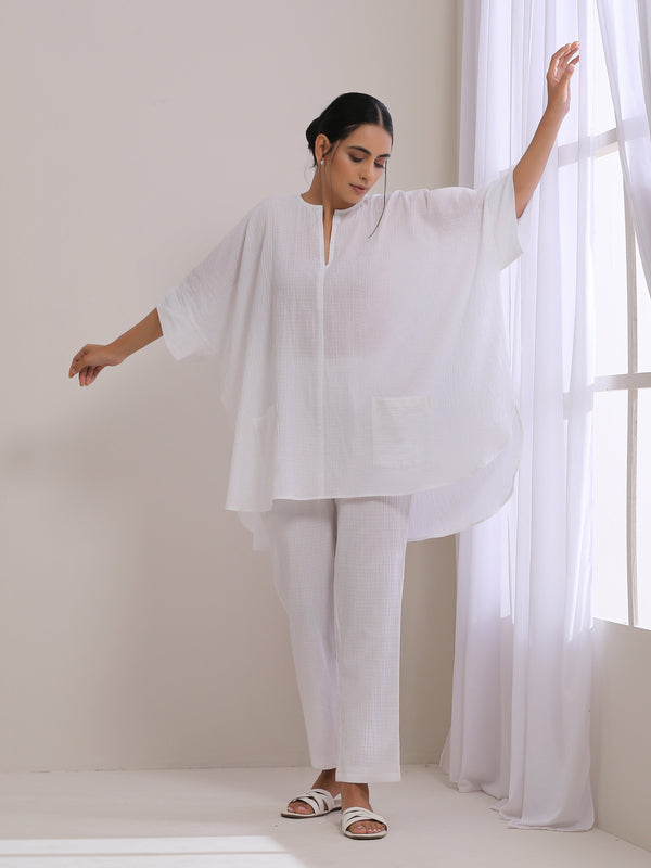 trueBrowns White Dobby Boxy Fit High Low Co-Ord Set - Distacart