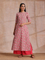Thumbnail for trueBrowns Pink Brown Overall Floral On White Block Print Cotton Slit Kurta Pant Set - Distacart