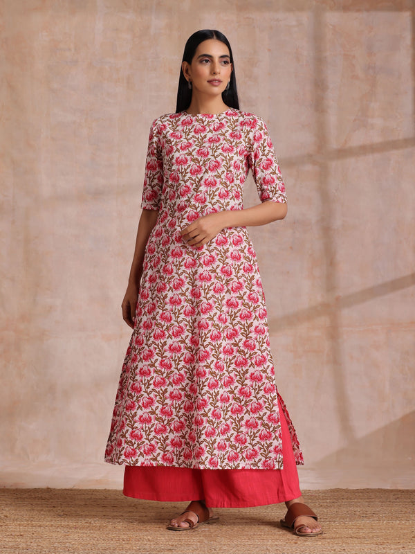 trueBrowns Pink Brown Overall Floral On White Block Print Cotton Slit Kurta Pant Set - Distacart