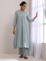 Thumbnail for trueBrowns Eggshell Blue Dobby Neck Pleat Kurta Pant Set - Distacart