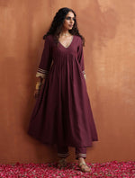 Thumbnail for trueBrowns Maroon Flared Anarkali Kurta Set - Distacart