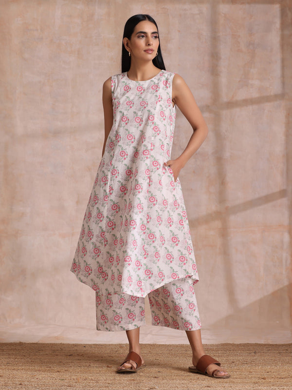 trueBrowns Pink Green Buta On White Block Print Cotton High-Low Co-Ord Set - Distacart