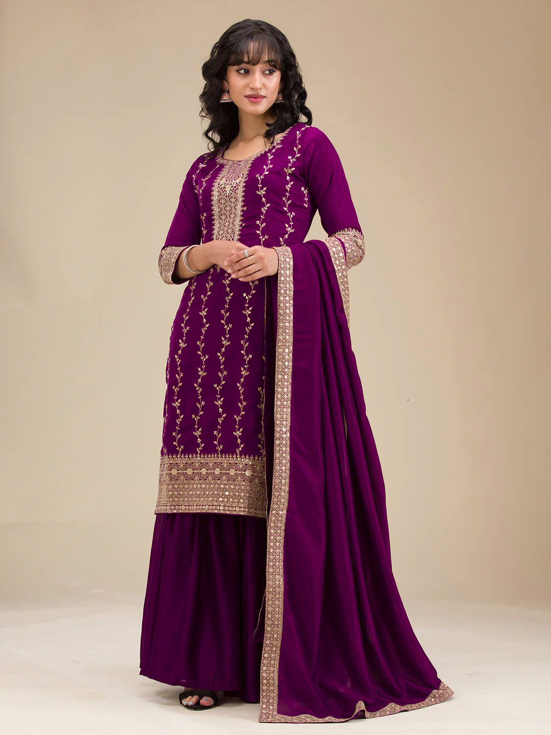 The52 Beautiful Embroidered Vichitra Silk Fabric Straight Kurta, Palazzo and Dupatta Set