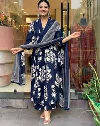 Thumbnail for Indian Fashion Women's Viscose Blue Straight Kurta And Pant Set With Dupatta