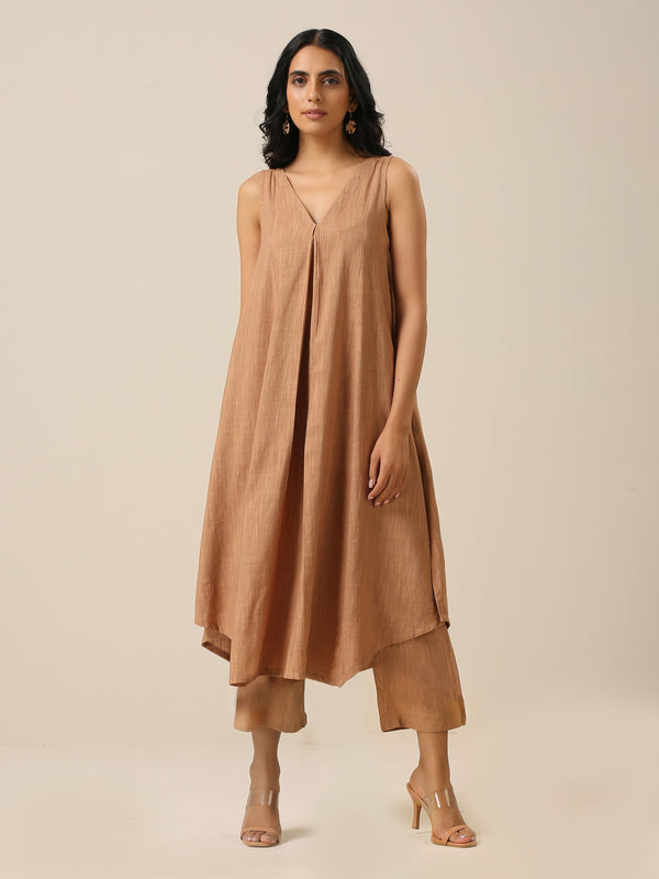 trueBrowns Beige Slub Texture Sleeveless Flared Kurta Pant Set - Distacart