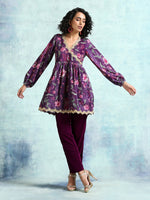 Thumbnail for trueBrowns Wine Printed Velvet Lace Co-Ord Set - Distacart