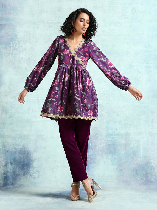 trueBrowns Wine Printed Velvet Lace Co-Ord Set - Distacart