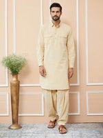 Thumbnail for Fabmade Beige Cotton Linen Pathani Kurta With Salwar - Distacart