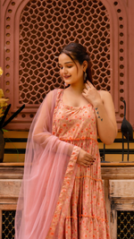 Thumbnail for Pomcha Jaipur Gaurangi Trishika Peach Cotton Tiered Anarkali Set - Distacart