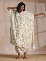 Thumbnail for trueBrowns Pink Yellow Floral On White Block Print Cotton Panel Kaftan Kurta Pant Set - Distacart