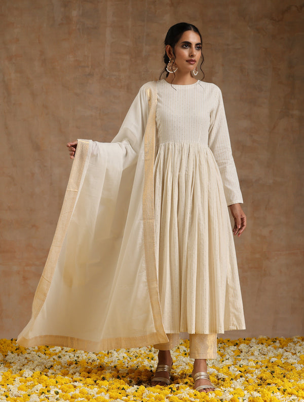 trueBrowns Ivory Gold Cotton Anarkali Set - Distacart