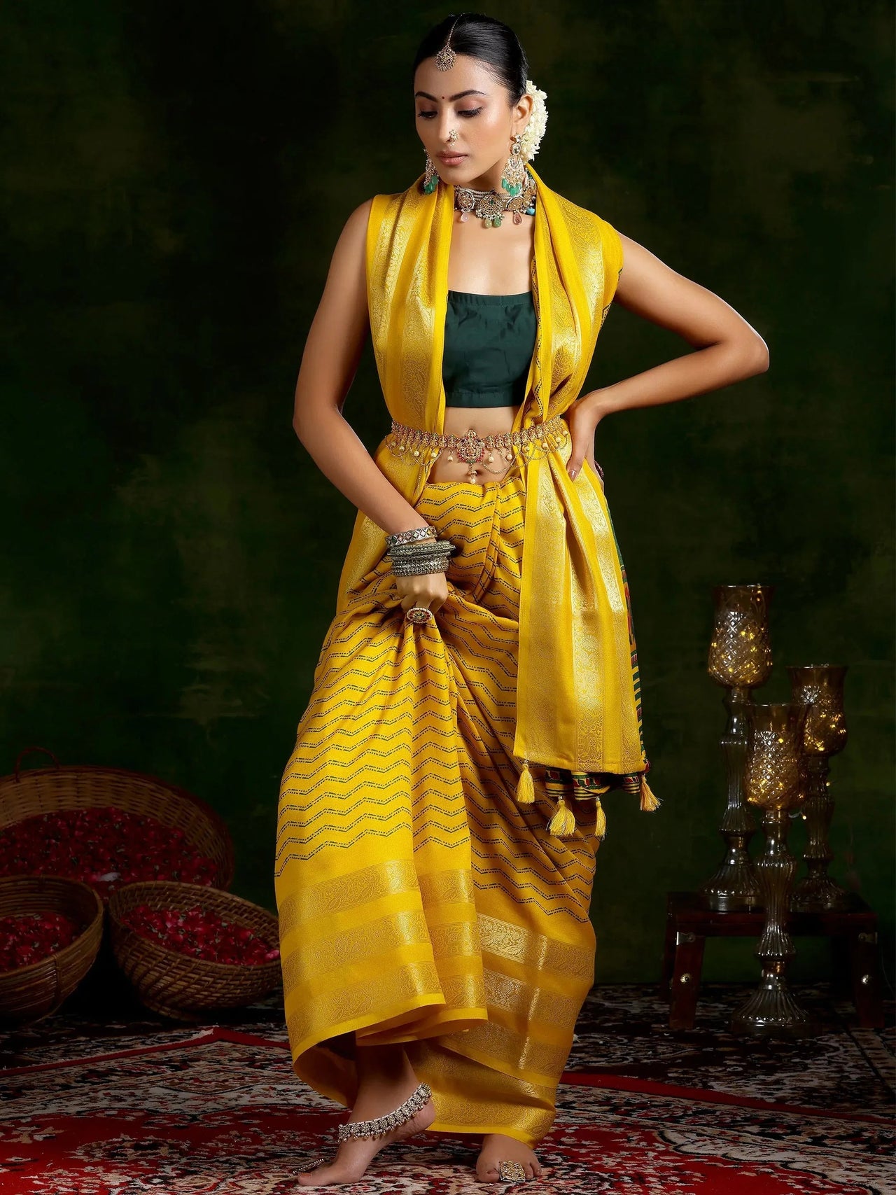 Libas Mustard Printed Silk Blend Saree With Unstitched Blouse Piece
