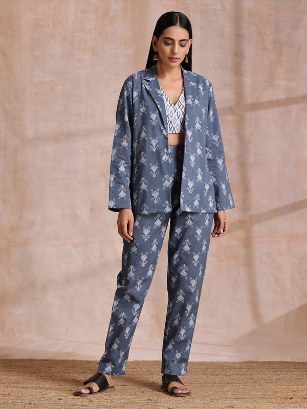 trueBrowns Grey On Grey Ikat Print Cotton Pant Suit Set - Distacart