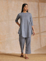 Thumbnail for trueBrowns Steel Grey Ikat Print Cotton Gathers Co-Ord Set - Distacart