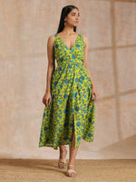 Thumbnail for trueBrowns Lime Green Overall Teal Floral Block Print Cotton Sleeveless Wrap Dress - Distacart