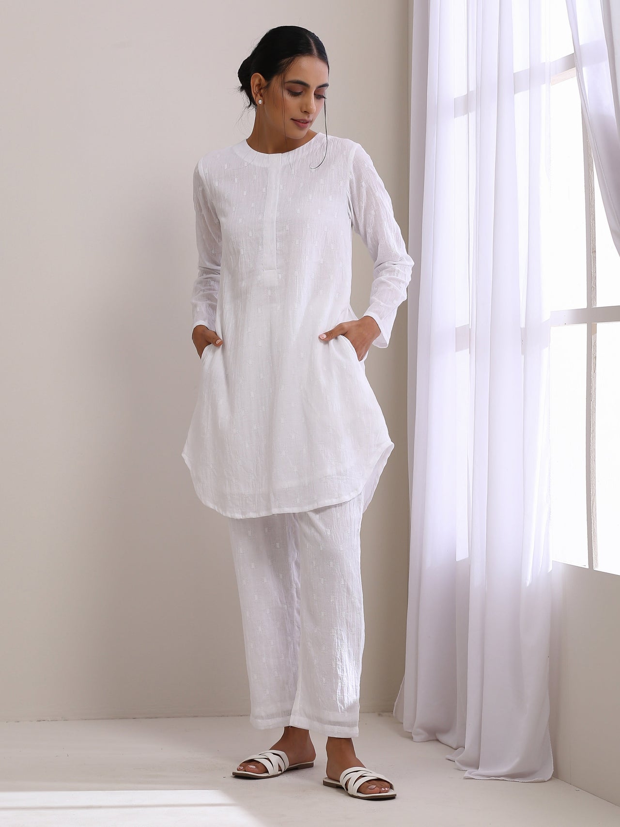 trueBrowns White Dobby Front Placket Co-Ord Set - Distacart
