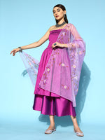 Thumbnail for InWeave Purple Off Shoulder Silk Kurta Set -Mauve Hand Painted Dupatta - Distacart