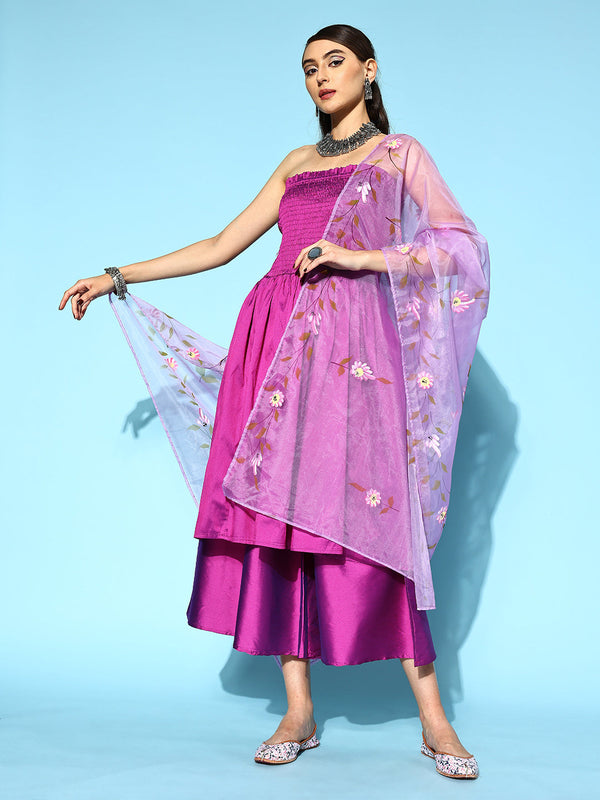 InWeave Purple Off Shoulder Silk Kurta Set -Mauve Hand Painted Dupatta - Distacart