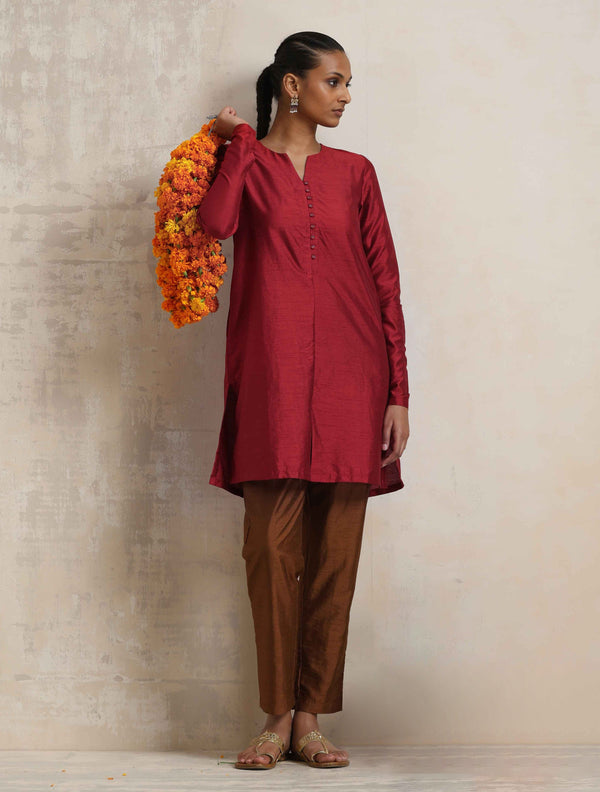 trueBrowns Red Silk Kurta Co-ord Set - Distacart