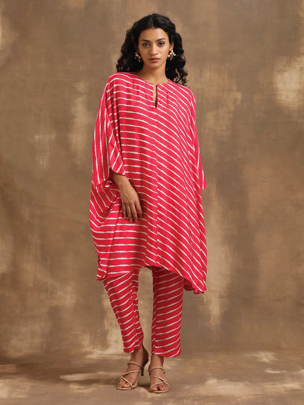 trueBrowns Pink Lehariya Printed Silk Kaftan Co-Ord Set - Distacart