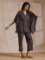 Thumbnail for trueBrowns Black Elephant Bagru Print Cotton Kaftan Co-Ord Set - Distacart