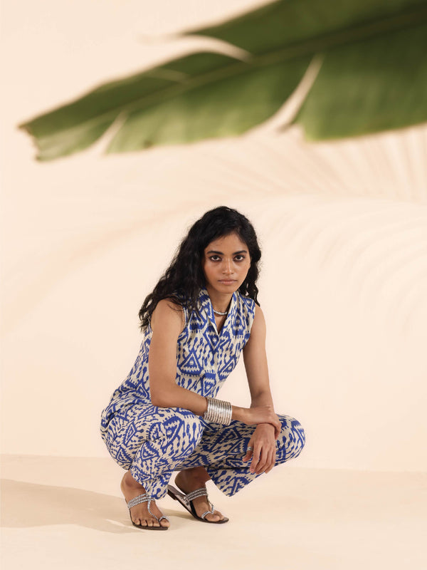 trueBrowns Blue Cotton Ikat Sleeveless Co-ord Set - Distacart