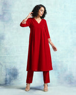 Thumbnail for trueBrowns True Red Velvet Yoke Kurta - Distacart