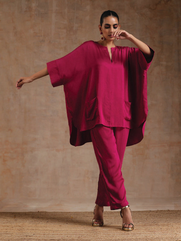 trueBrowns Pink Modal Satin Boxy Fit High-Low Co-Ord Set - Distacart