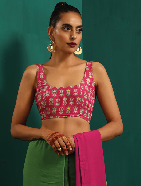 trueBrowns Pink Muslin Silk Leaf Printed Scoop Neck Sleeveless Blouse - Distacart