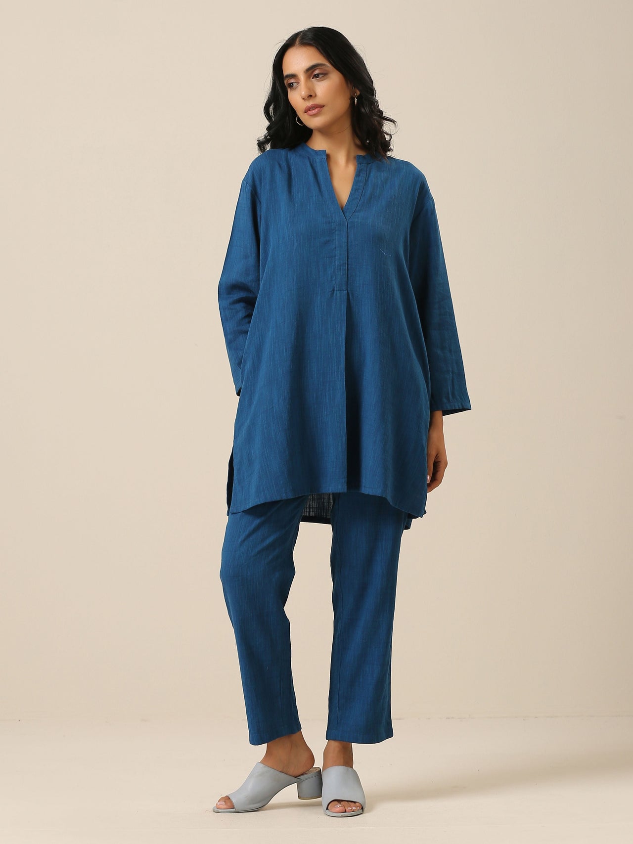 trueBrowns Classic Blue Slub Texture Relax Fit Co-Ord Set - Distacart