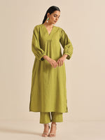 Thumbnail for trueBrowns Fresh Green Dobby Puff Sleeve Kurta Pant Set - Distacart