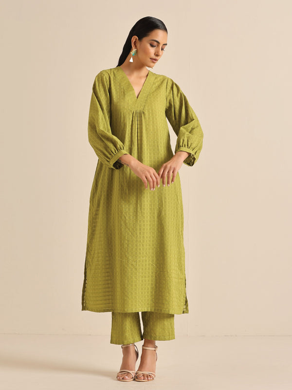trueBrowns Fresh Green Dobby Puff Sleeve Kurta Pant Set - Distacart