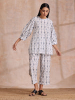 Thumbnail for trueBrowns Grey On White Ikat Print Cotton Baggy Sleeve Co-Ord Set - Distacart