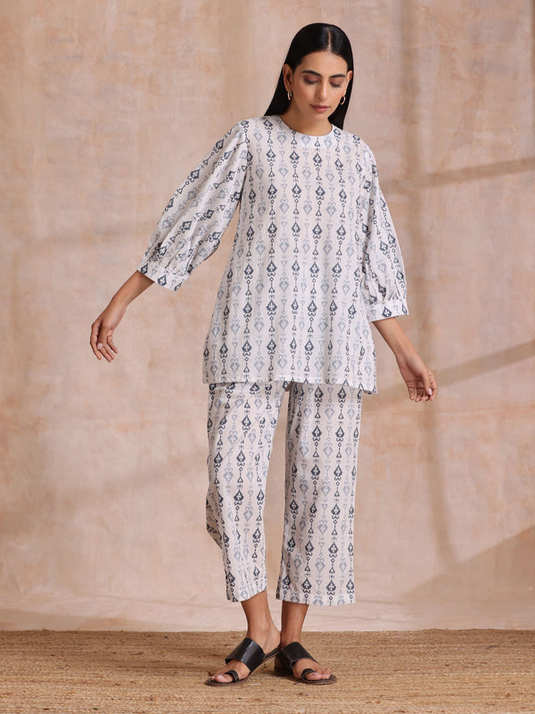 trueBrowns Grey On White Ikat Print Cotton Baggy Sleeve Co-Ord Set - Distacart