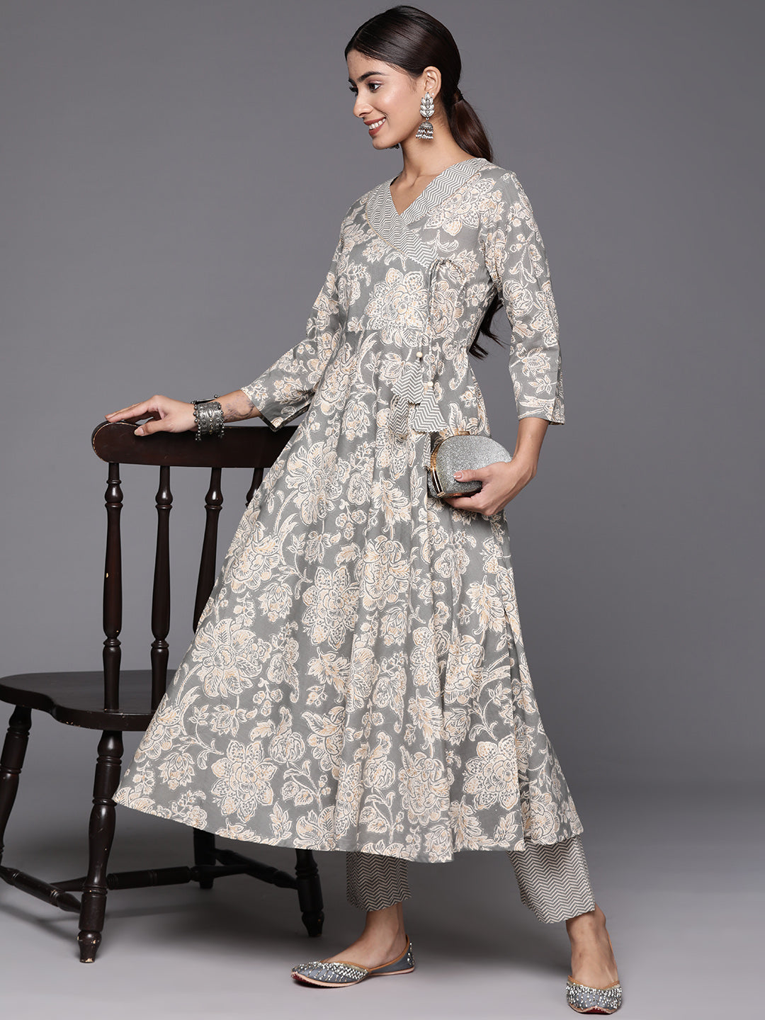 Varanga Women Grey Floral Printed Angrakha Style Anarkali Kurta Paired With Printed Bottom