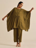 Thumbnail for trueBrowns Olive Green Texture Doddy Kaftan Gathered Co-Ord Set - Distacart