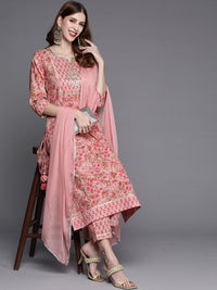 Thumbnail for Varanga Floral Printed Embroidered Kurta With Straight Pant And Chiffon Dupatta