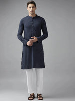 Thumbnail for Fabmade Men Navy Blue Cotton Linen Kurta Pyjama - Distacart