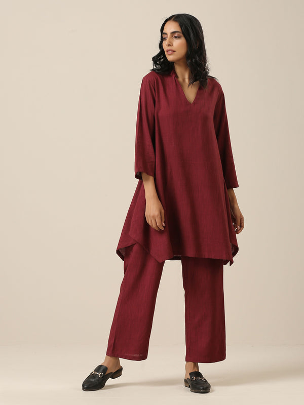 trueBrowns Ruby Wine Slub Textured Collar Co-Ord Set - Distacart
