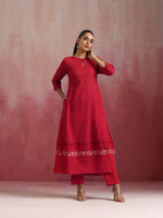Thumbnail for trueBrowns Red Cotton Dobby Flared Kurta Set - Distacart