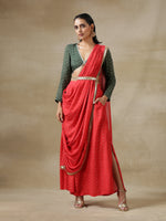 Thumbnail for trueBrowns Red Bandhani Printed Silk Skirt Stitched Saree with Belt - Distacart