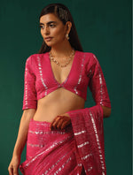 Thumbnail for trueBrowns Rani Pink Cotton Silver Lurex Deep V-Neck Blouse - Distacart