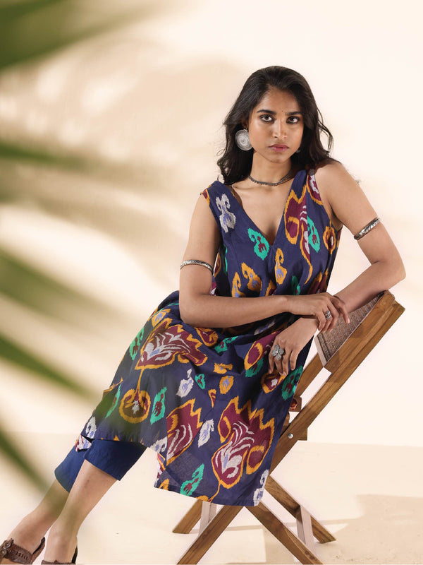 trueBrowns Purple Cotton Ikat Sleeveless Kurta Pant Set - Distacart