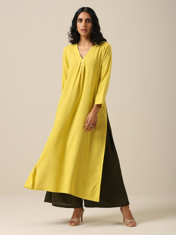 trueBrowns Lime Slub Texture Slit Kurta Palazzo Set - Distacart